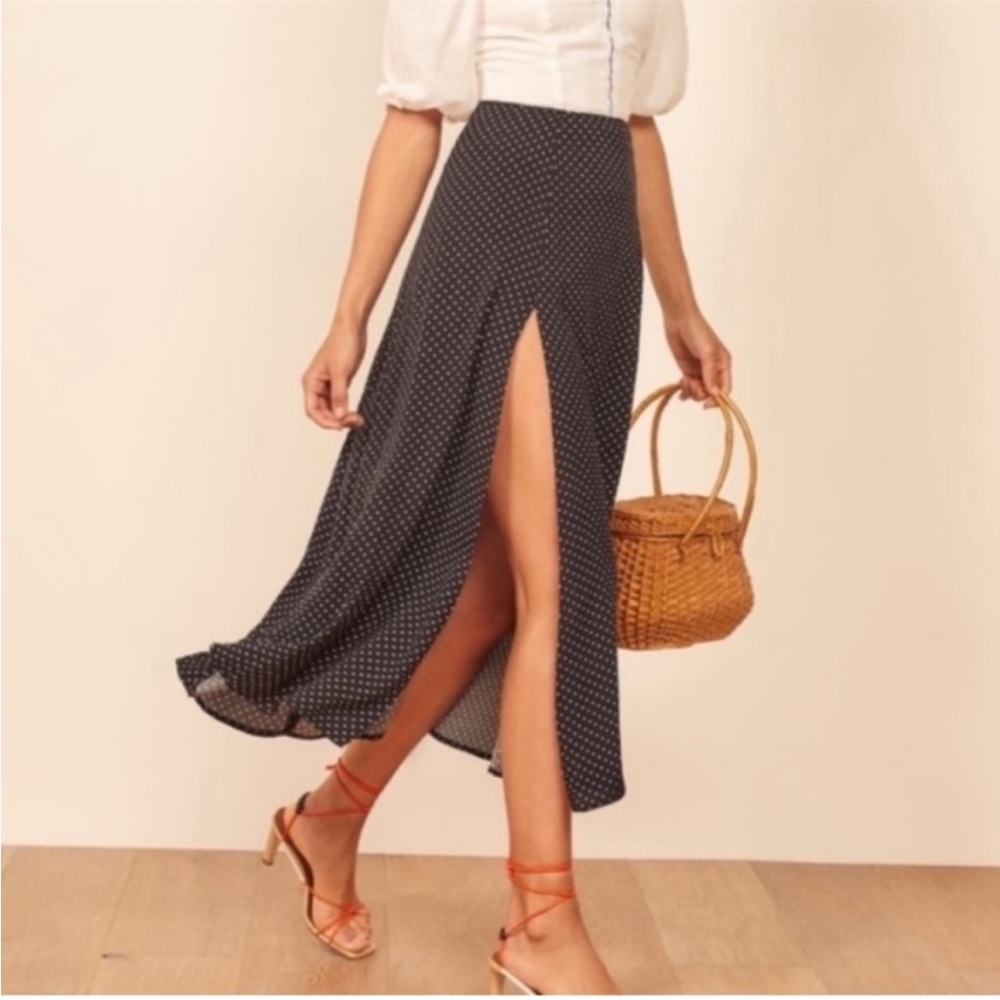 Reformation Zoe Side Slit Midi Skirt Black White Polka Dot Size 8
